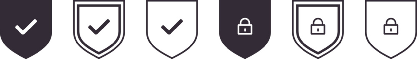 Security Shield Icon Set. Logotypes with Check Mark and Padlock Symbols for Safety Assurance, Secure Protection, Privacy, Cyber Defense, Antivirus, Data Guard, Web App, Network, Reliable. Business