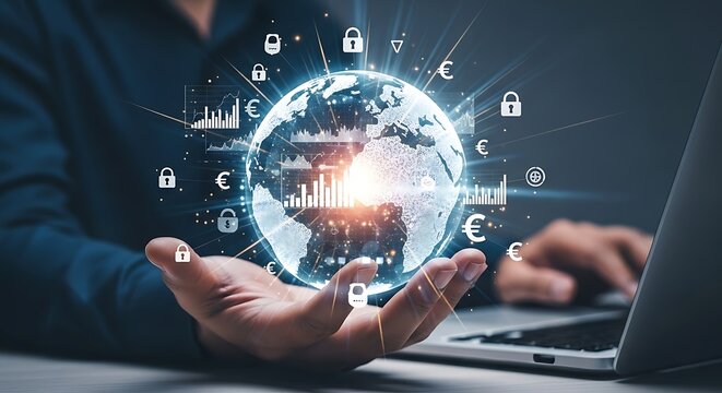 Person holding digital globe with financial data and security icons around it earth world - Powered by Adobe