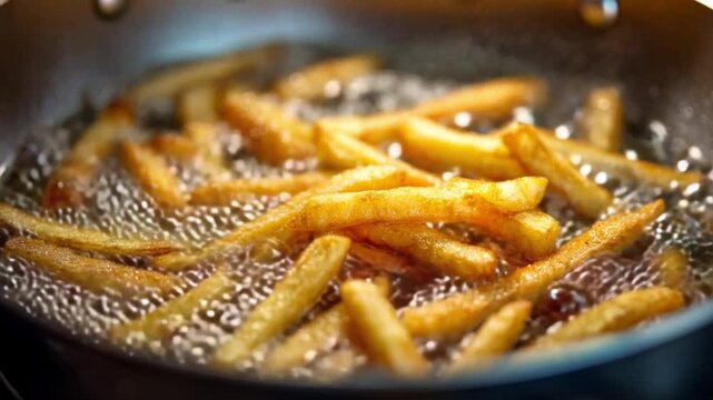 Golden Fries Frying: Sizzling and golden fries crisply frying in bubbling hot oil, a close-up capture of the simple pleasure and aroma of deep-fried potato delight.
