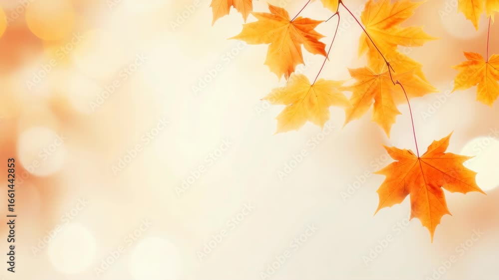 Poster a serene autumn scene with vibrant orange leaves in focus, captured from a low angle. ideal for a ca