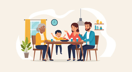 Happy multi-generational family enjoying a heartwarming meal together at home, symbolizing love, unity, and comfortable domestic life. Ideal for lifestyle, parenting, or family-focused designs.