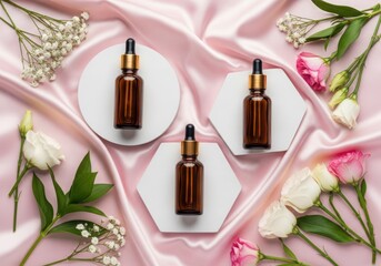 Elegant skincare product display with flowers and pink silk background