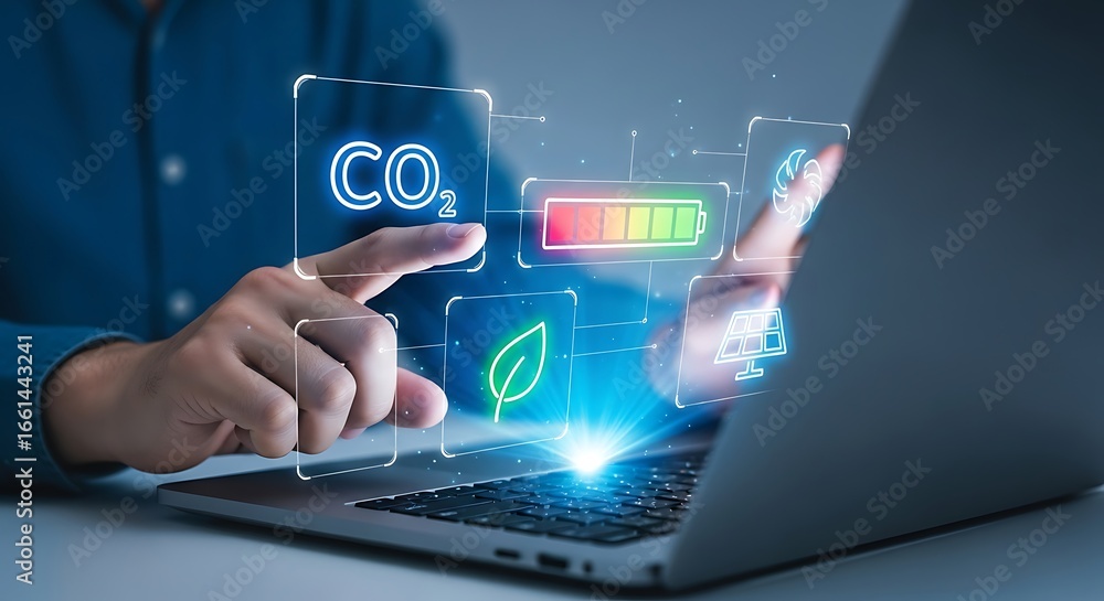 Poster person interacting with digital interface showing c o2 emissions and renewable energy icons