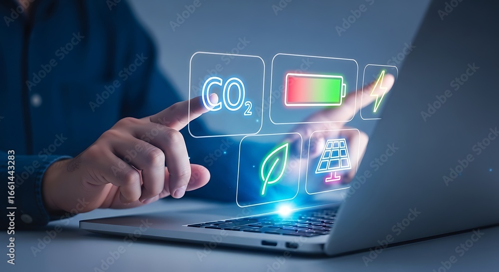 Poster person interacting with digital interface showing c o2 emissions and renewable energy icons