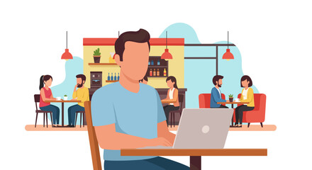 Man working remotely on a laptop in a bustling cafe, representing flexible modern business, digital nomad lifestyle, and public connectivity.