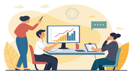 Business team analyzes growth data and plans strategy in a modern office. Depicts collaboration, finance, and successful professional development.