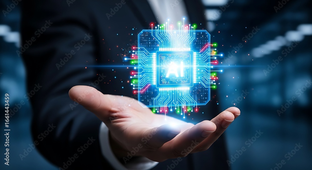 Poster person presenting a glowing ai chip with circuits and data streams artificial intelligence
