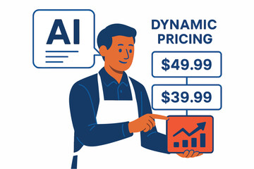 Store owner switching dynamic prices with AI price tags Illustration