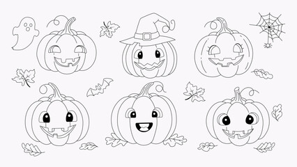 Halloween pumpkin icons set featuring six pumpkins with unique faces, witch hat, leaves, ghost, and spider web. Perfect for holiday design and coloring pages. Black and white illustration.