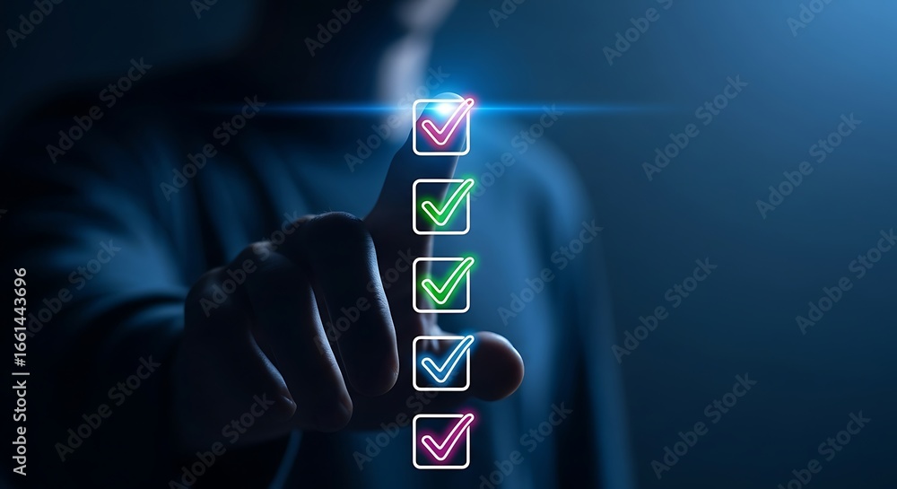 Poster person touching a digital checklist with glowing checkmarks and a blue light streak task to-do list
