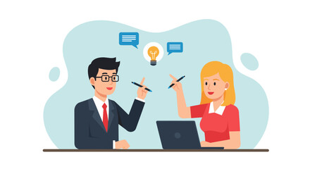 Two professionals brainstorm ideas and collaborate during a business meeting, symbolizing teamwork, innovation, and successful partnership.