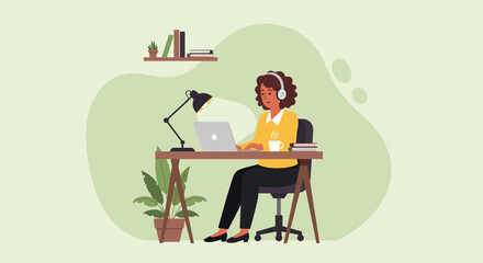A focused woman works remotely on her laptop with headphones and coffee, highlighting productivity and comfort in a home office setting. Ideal for business, lifestyle, and work-from-home concepts.
