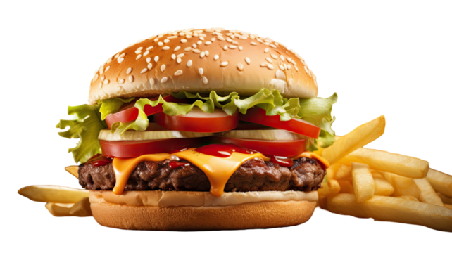 Burger and Fries PNG Fast Food Combo Meal French Fries and Cheeseburger Illustration Isolated on White Background