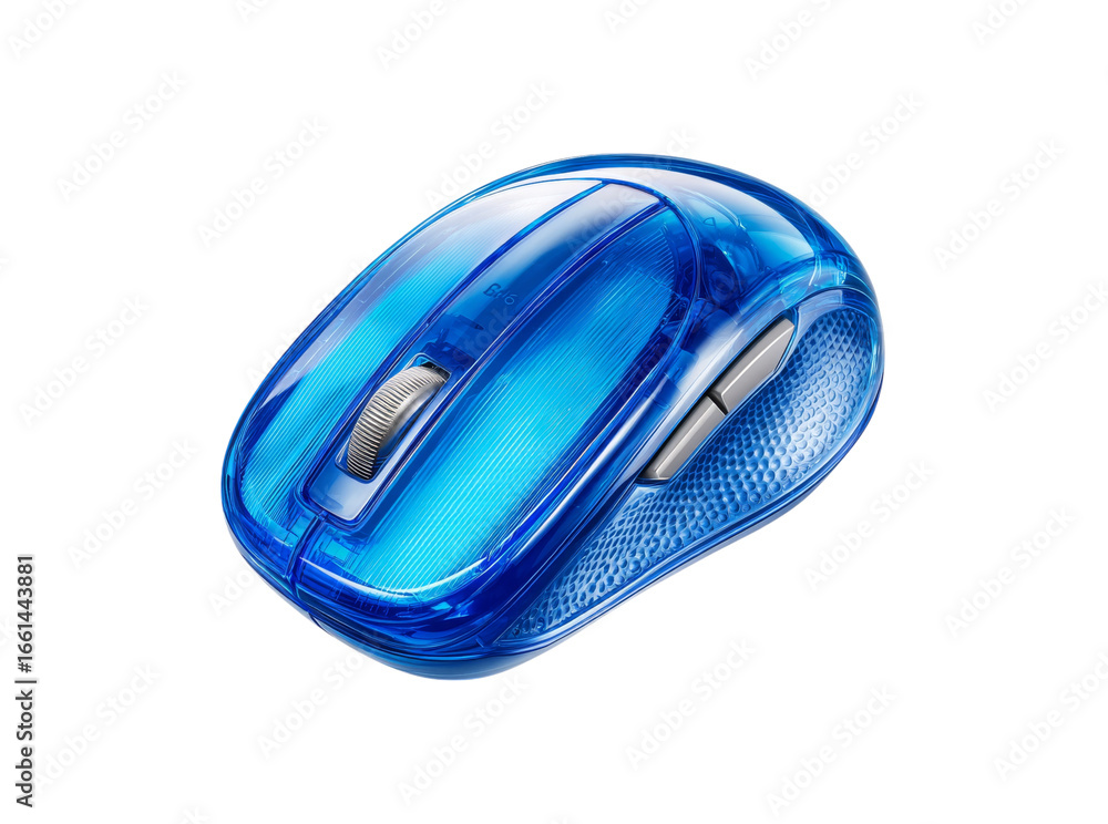Poster transparent blue wireless computer mouse modern design technology, isolated on transparent backgroun