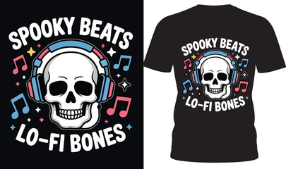 Skull wearing headphones listening to music with notes and stars vector