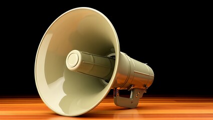 Close up of a vintage megaphone on a polished wooden surface with dark background bullhorn loudspeaker