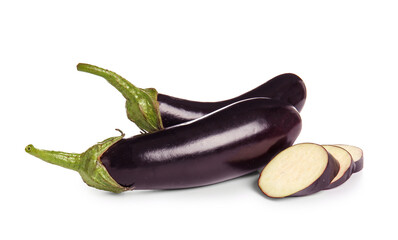 Fresh ripe eggplants with slices on white background