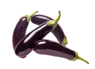 Flying fresh ripe eggplants on white background