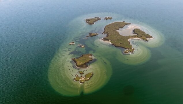 Aerial view of small islands surrounded by clear blue water and sandy shores depicting nature's tranquility