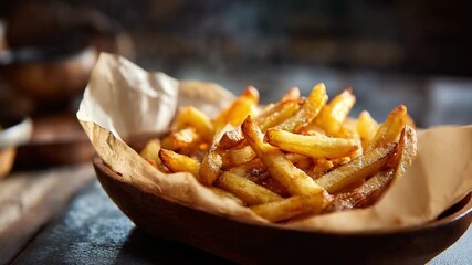 Crispy Fries Delight: A close-up image of a serving of hot, golden, crispy french fries, placed on rustic dish with paper, evoking a sense of indulgence and comfort.