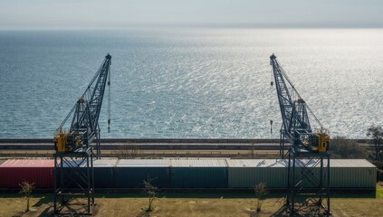 Aerial view of two industrial cranes by the tranquil sea, with colorful shipping containers lined up