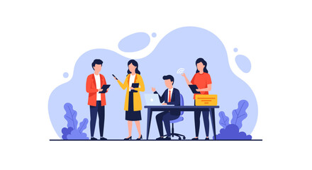 Professional business team collaborating efficiently in a modern office, using technology for communication and productivity. Ideal for corporate concepts and teamwork.