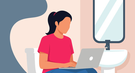Modern woman working on her laptop from an unexpected place in the bathroom, symbolizing remote work flexibility, multitasking, and efficiency.