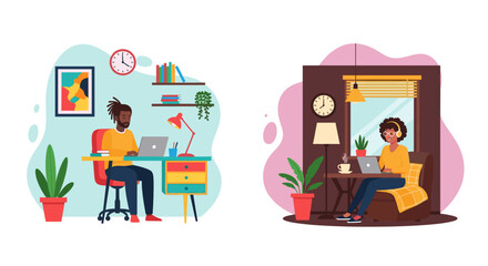Diverse people comfortably working remotely from their home offices using laptops, illustrating flexible modern work-life balance and online learning.