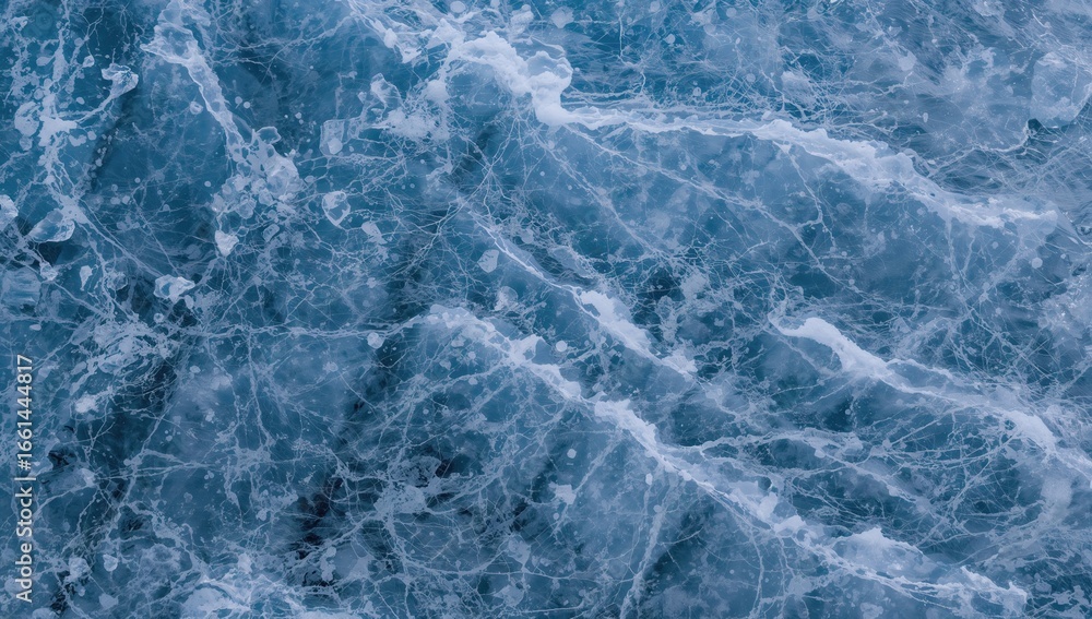 Poster close-up view of ocean waves with bubbles and foam creating a dynamic texture in shades of blue
