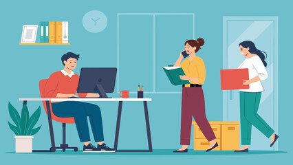 Diverse team of professionals collaborating and working productively in a modern office environment, showcasing teamwork and business operations.