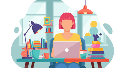 Person working diligently on a laptop at a colorful home office desk, surrounded by books and essentials. Ideal for remote work, education, and digital lifestyle concepts.