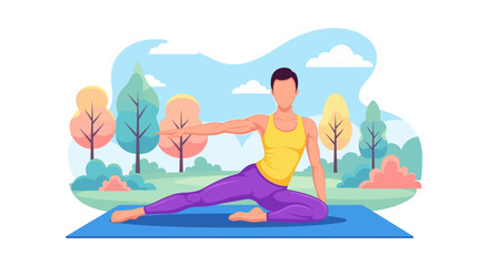 Active person stretching in a vibrant park setting on a yoga mat. Ideal for health, wellness, and fitness concepts.