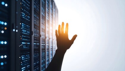 A human hand reaching towards glowing blue server racks, symbolizing the future of data, cloud computing, and artificial intelligence