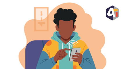 Illustration of a young person using a smartphone to control a smart device or connect wirelessly, depicting modern digital interaction and convenience at home.