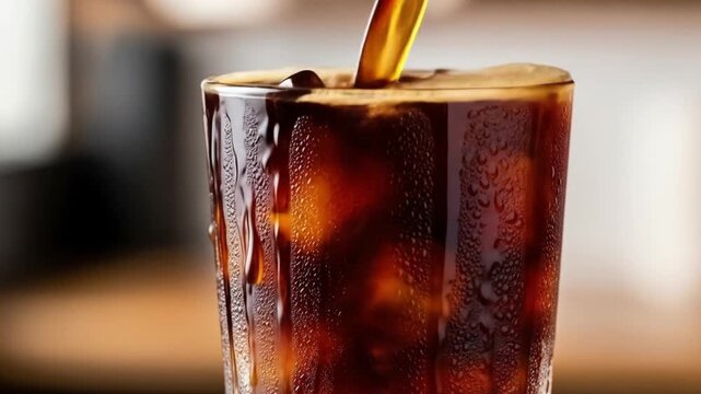 Pouring fresh cold brew coffee into a tall glass with ice cubes, creating condensation on the exterior.