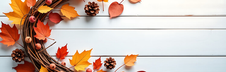 warm golden light illuminates distressed white wooden backdrop upon lush autumnal copper wreath carefully arranged amidst
