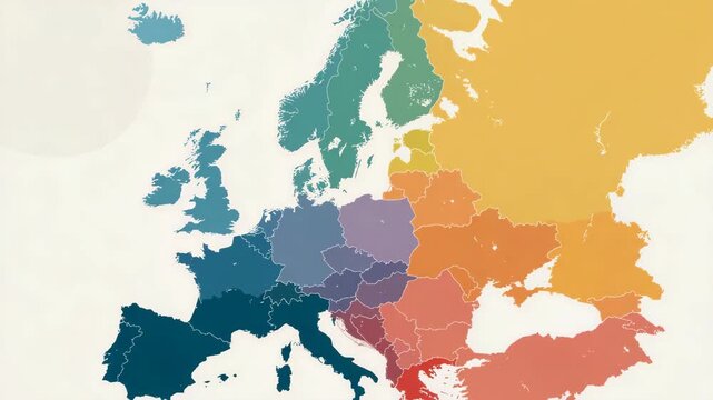 A colorful map of Europe is displayed. Minimal infographic Europe map highlighting Hungary with rainbow restriction icon overlay, Hungary LGBTQ+ restrictions, clean muted
