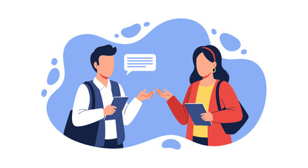 Two animated professionals discuss ideas, exchanging information with notepads. Concept of business communication, teamwork, education, or advice.