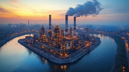 Obraz premium Illuminated Industrial Complex at Sunset Over River