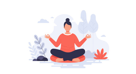 Woman meditating in lotus position amidst a calm natural setting, promoting mindfulness, inner peace, and mental well-being. Ideal for health, wellness, or lifestyle content.