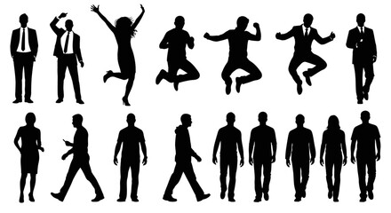Silhouette figures of people in various poses, business and casual attire.