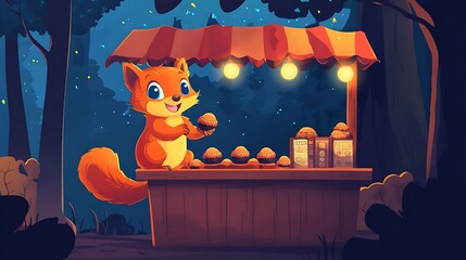 Squirrel food stall nighttime scene