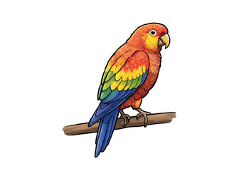 Fototapeta premium Colorful Sun Conure Parrot Illustration on Branch png, isolated on transparent background