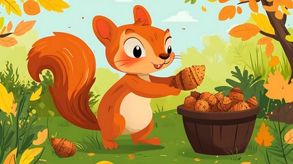 Squirrel gathering acorns autumn illustration