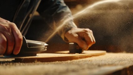 A person uses a grinder to sand a piece of wood, useful for DIY or craft projects