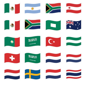 Waving world flags icon set, a diverse collection of international country symbols vector