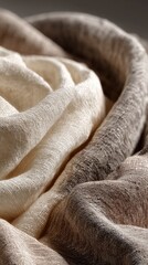 Rolled, soft fabric showing tan and cream colors, close up detail