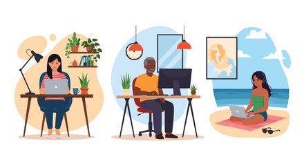 Diverse people working remotely from home and outdoors, showcasing modern flexible work, freelance, and digital nomad lifestyles. Ideal for business, technology, and travel concepts.