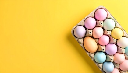 Pastel eggs in carton on yellow background