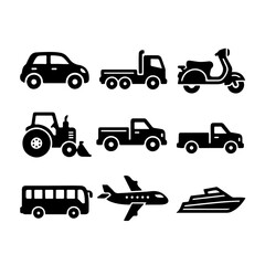 Obraz premium Collection of transportation icons including cars trucks motorcycles tractors buses airplanes and boats